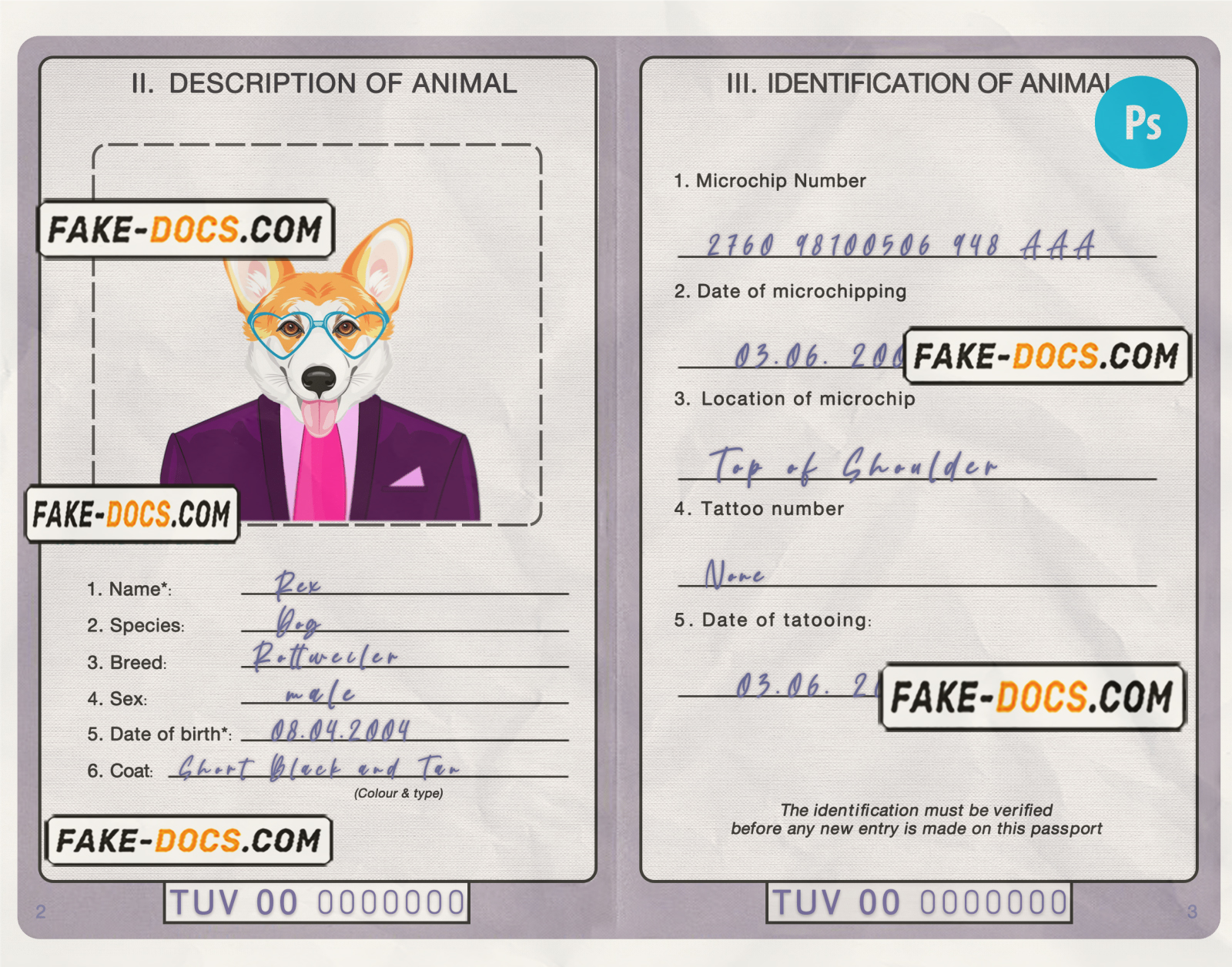 Tuvalu dog (animal, pet) passport PSD template, completely editable scan
