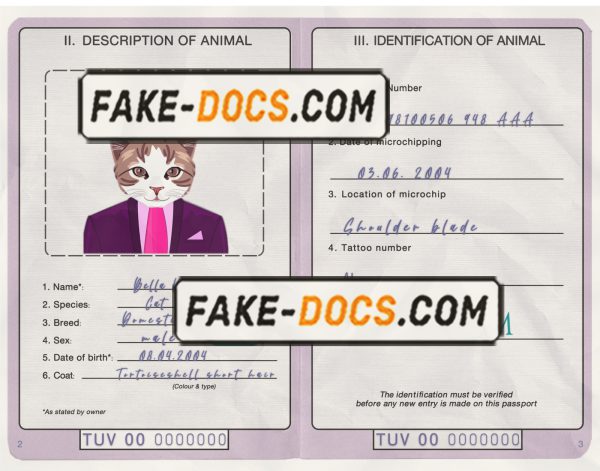Tuvalu cat (animal, pet) passport PSD template, completely editable scan