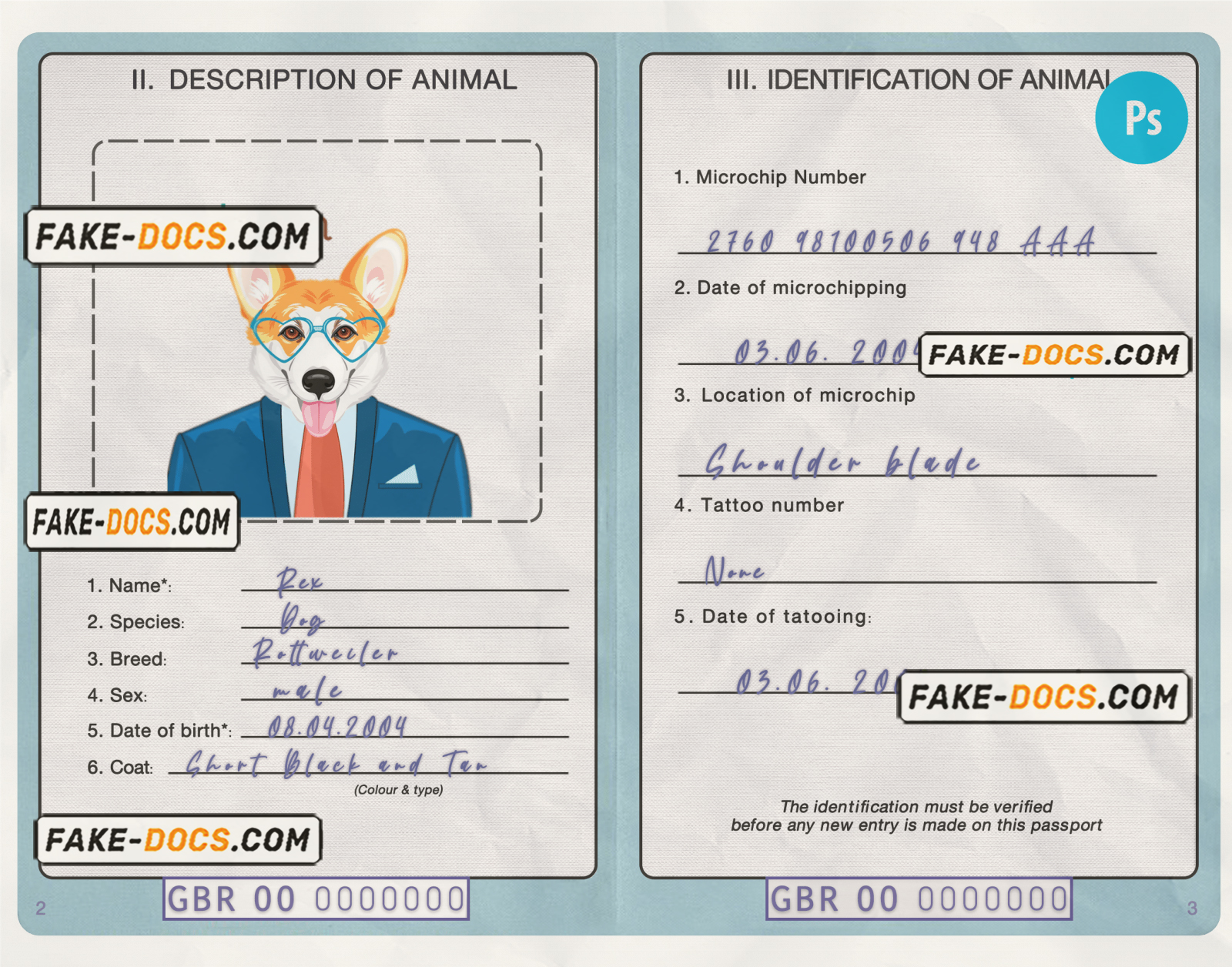 United Kingdom dog (animal, pet) passport PSD template, fully editable scan