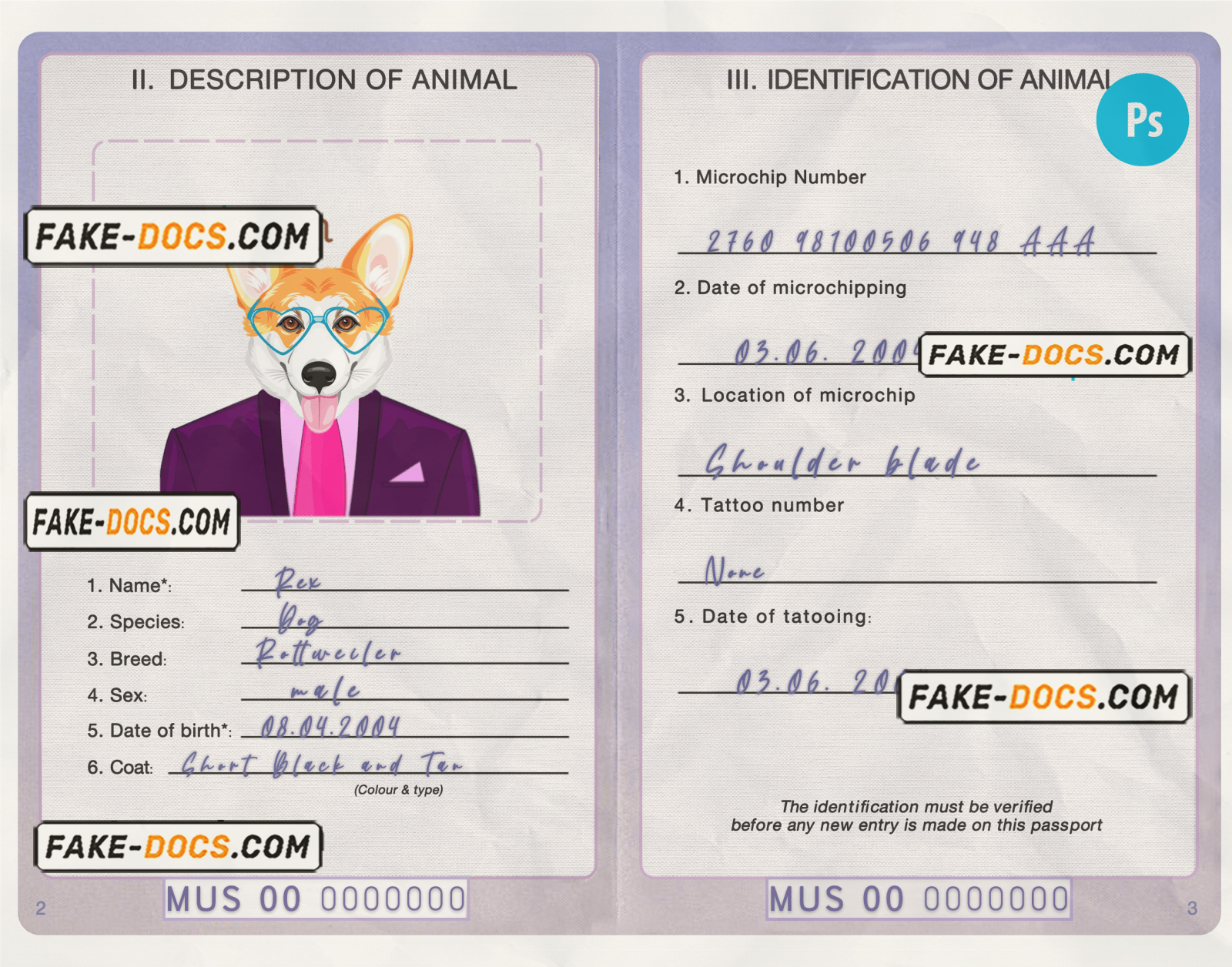 United States of America dog (animal, pet) passport PSD template, fully editable scan