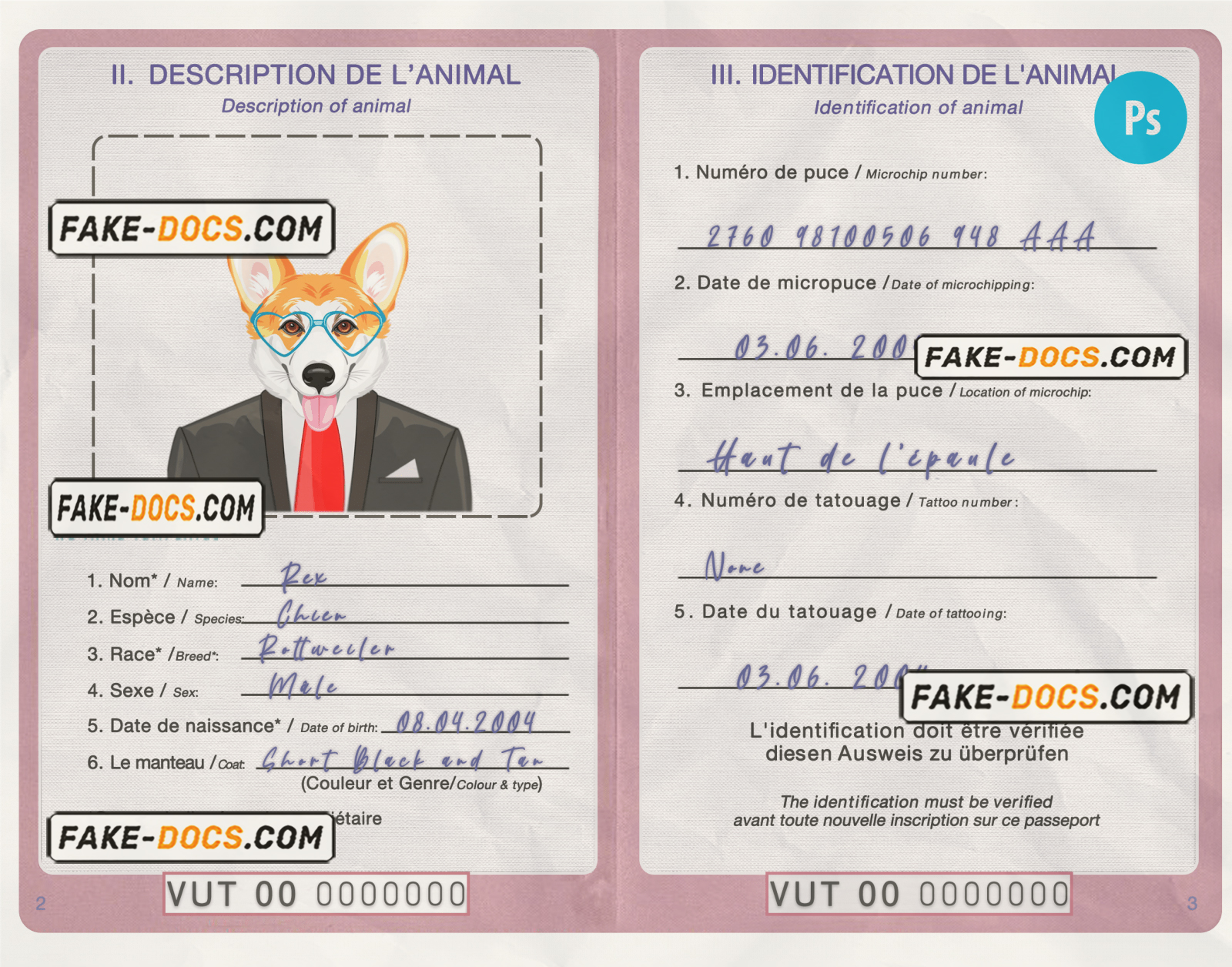 Vanuatu dog (animal, pet) passport PSD template, completely editable scan