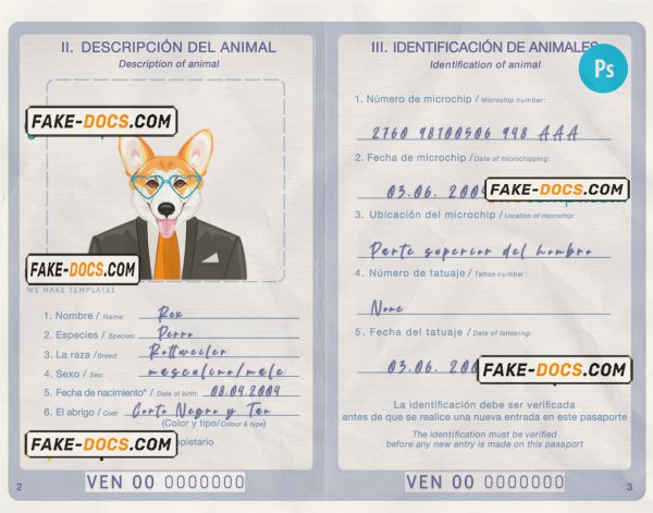 Venezuela dog (animal, pet) passport PSD template, fully editable