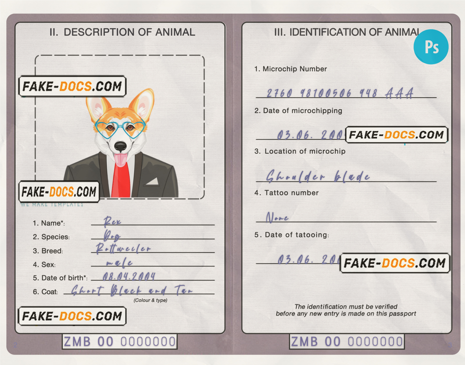 Zambia dog (animal, pet) passport PSD template, fully editable scan