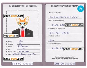 Zambia dog (animal, pet) passport PSD template, fully editable