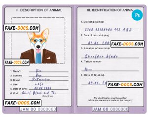 Jamaica dog (animal, pet) passport PSD template, fully editable