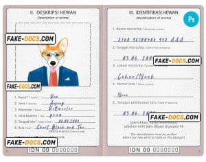 Indonesia dog (animal, pet) passport PSD template, fully editable