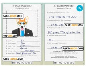 Haiti dog (animal, pet) passport PSD template, completely editable
