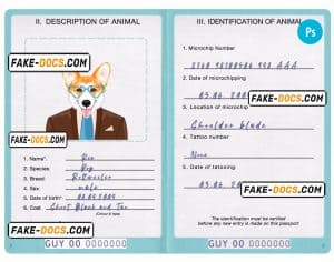 Guyana dog (animal, pet) passport PSD template, fully editable