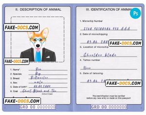 Grenada dog (animal, pet) passport PSD template, fully editable