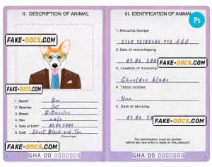 Ghana dog (animal, pet) passport PSD template, fully editable