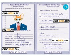 Germany dog (animal, pet) passport PSD template, fully editable