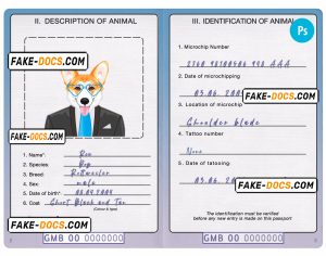 Gambia dog (animal, pet) passport PSD template, fully editable