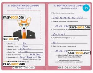 Gabon dog (animal, pet) passport PSD template, completely editable
