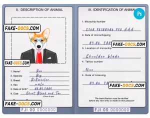 Fiji dog (animal, pet) passport PSD template, completely editable