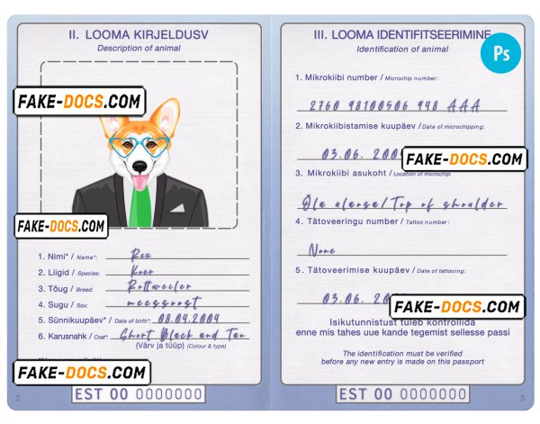 Estonia dog (animal, pet) passport PSD template, fully editable