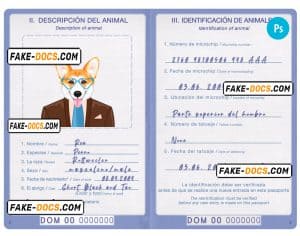 Dominican Republic dog (animal, pet) passport PSD template, fully editable