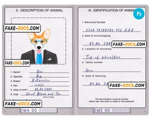 Dominica dog (animal, pet) passport PSD template, fully editable