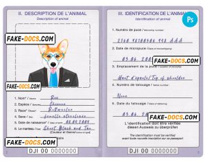 Djibouti dog (animal, pet) passport PSD template, completely editable