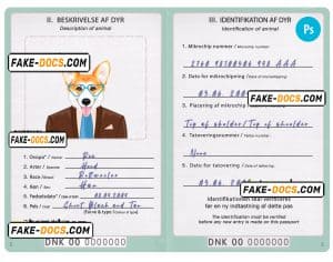 Denmark dog (animal, pet) passport PSD template, fully editable