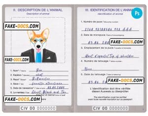 Côte d’Ivoire dog (animal, pet) passport PSD template, fully editable