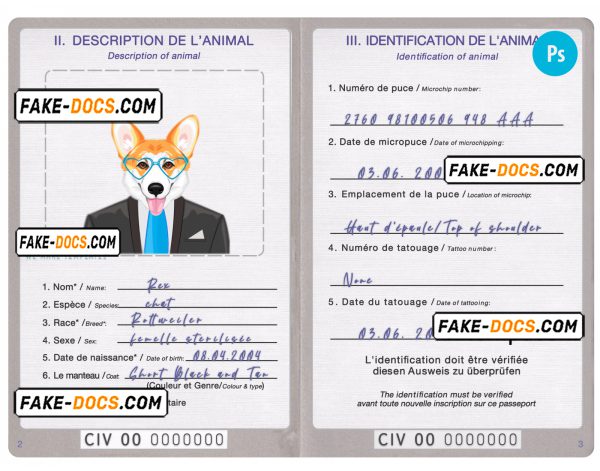 Côte d’Ivoire dog (animal, pet) passport PSD template, fully editable