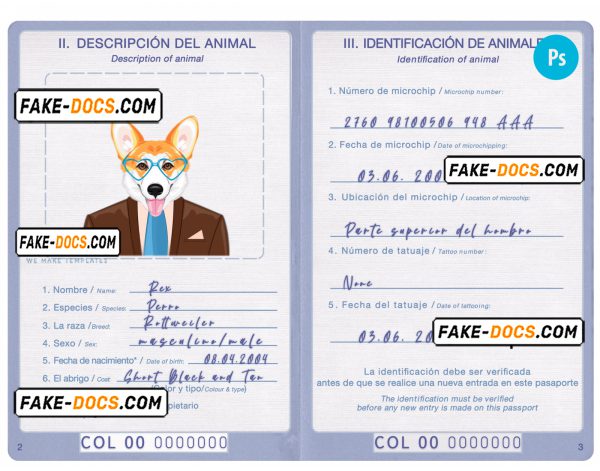 Colombia dog (animal, pet) passport PSD template, fully editable