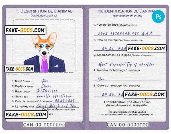 Canada dog (animal, pet) passport PSD template, fully editable