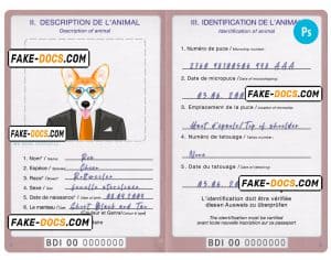 Burundi dog (animal, pet) passport PSD template, completely editable