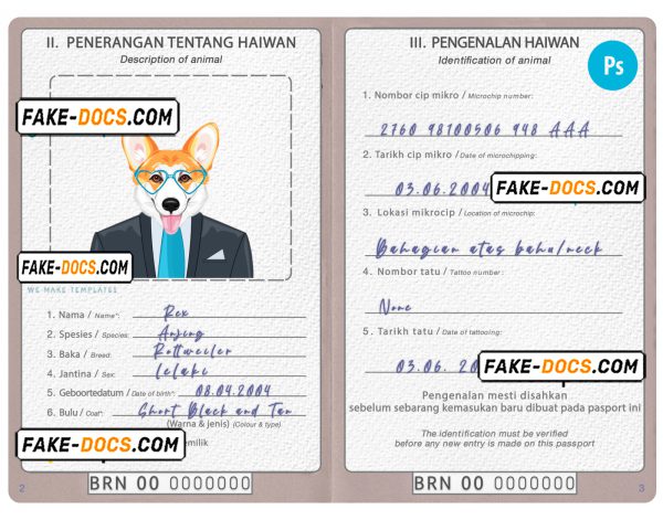 Brunei dog (animal, pet) passport PSD template, completely editable