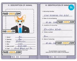 Botswana dog (animal, pet) passport PSD template, fully editable