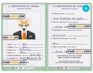 Benin dog (animal, pet) passport PSD template, completely editable