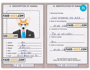 Belize dog (animal, pet) passport PSD template, completely editable