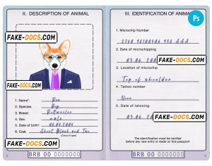 Barbados dog (animal, pet) passport PSD template, fully editable