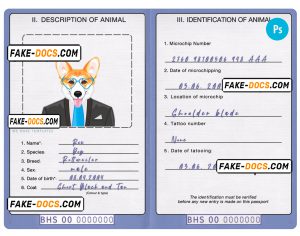 Bahamas dog (animal, pet) passport PSD template, fully editable