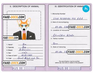 Australia dog (animal, pet) passport PSD template, fully editable