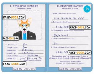 Albania dog (animal, pet) passport PSD template, completely editable