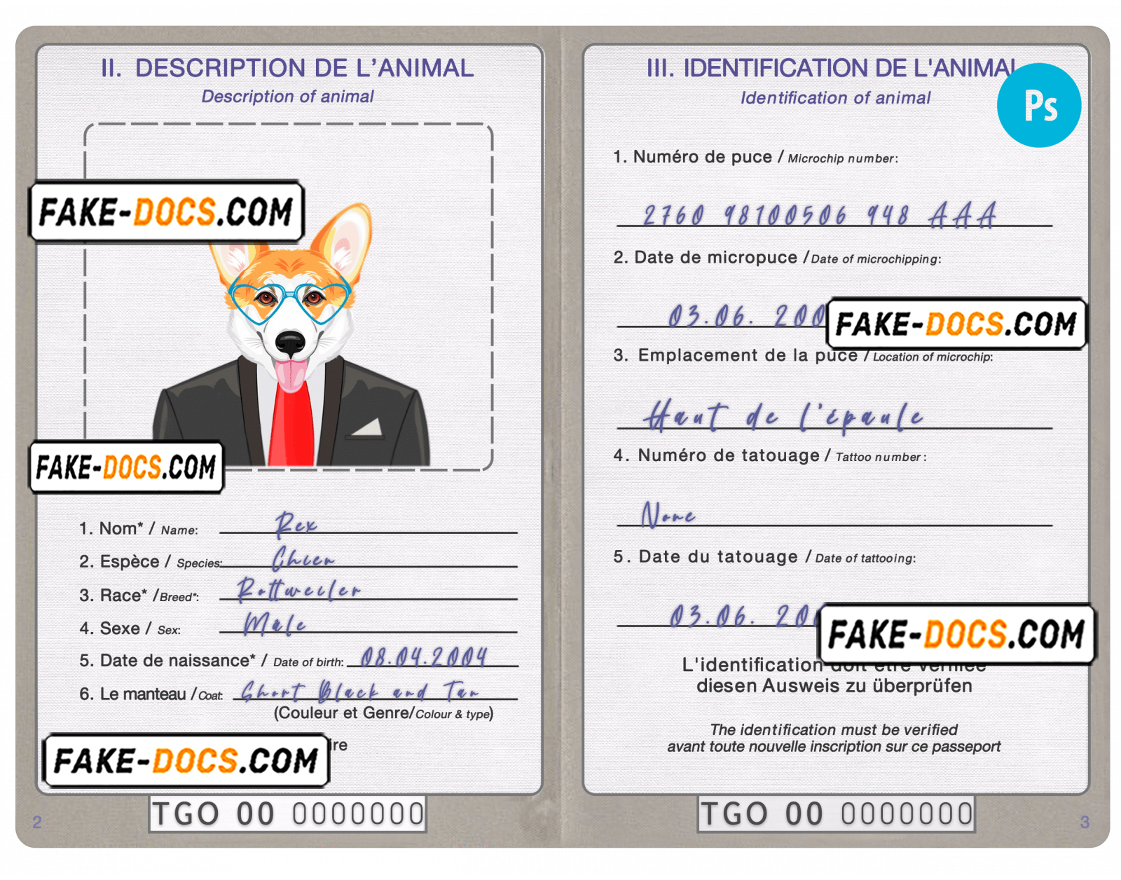 Togo dog (animal, pet) passport PSD template, completely editable