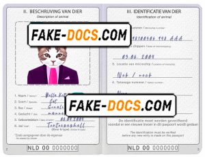 Netherlands cat (animal, pet) passport PSD template, fully editable
