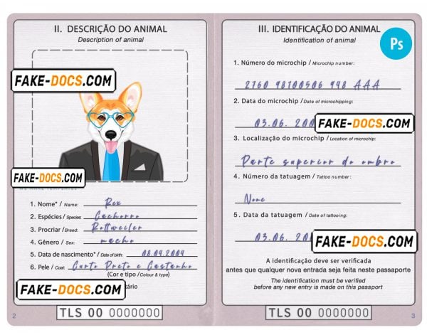 Timor-Leste dog (animal, pet) passport PSD template, fully editable