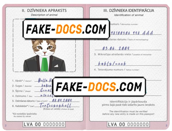 Latvia cat (animal, pet) passport PSD template, fully editable
