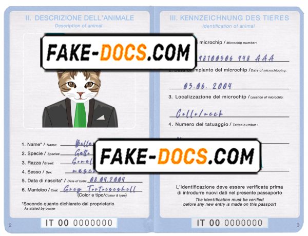 Italy cat (animal, pet) passport PSD template, fully editable