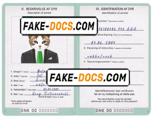 Denmark cat (animal, pet) passport PSD template, completely editable