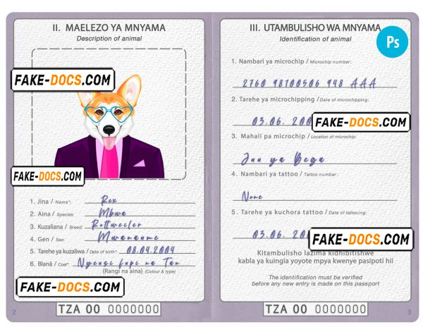 Tanzania dog (animal, pet) passport PSD template, completely editable