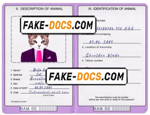 Namibia cat (animal, pet) passport PSD template, fully editable