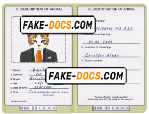 Myanmar cat (animal, pet) passport PSD template, completely editable