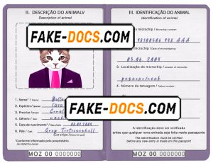 Mozambique cat (animal, pet) passport PSD template, fully editable