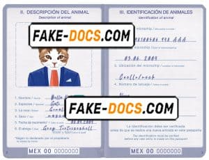 Mexico cat (animal, pet) passport PSD template, completely editable
