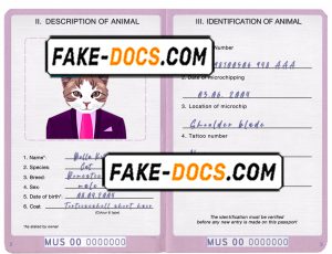Mauritius cat (animal, pet) passport PSD template, fully editable