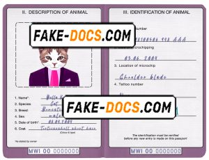 Malawi cat (animal, pet) passport PSD template, completely editable