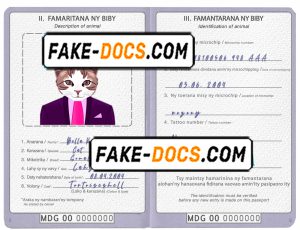 Madagascar cat (animal, pet) passport PSD template, fully editable